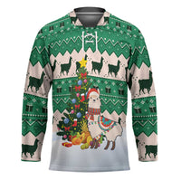 Llama Decorating Tree in Santa Hat Hockey Jersey with Green Gift Pattern Design - Wonder Print Shop
