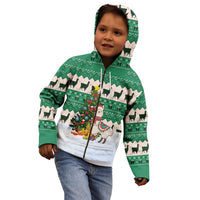 Llama Decorating Tree in Santa Hat Kid Hoodie with Green Gift Pattern Design - Wonder Print Shop