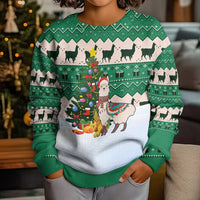 Llama Decorating Tree in Santa Hat Kid Ugly Christmas Sweater with Green Gift Pattern Design - Wonder Print Shop
