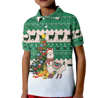 Llama Decorating Tree in Santa Hat Kid Polo Shirt with Green Gift Pattern Design - Wonder Print Shop