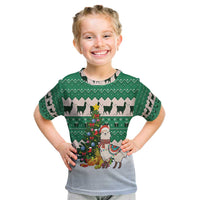Llama Decorating Tree in Santa Hat Kid T Shirt with Green Gift Pattern Design - Wonder Print Shop