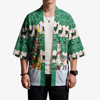 Llama Decorating Tree in Santa Hat Kimono with Green Gift Pattern Design - Wonder Print Shop