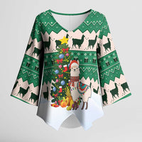 Llama Decorating Tree in Santa Hat Kimono Sleeve Blouse with Green Gift Pattern Design - Wonder Print Shop
