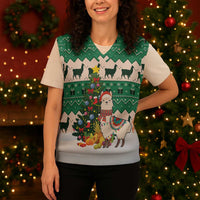 Llama Decorating Tree in Santa Hat Christmas Knitted V-Neck Vest with Green Gift Pattern Design - Wonder Print Shop