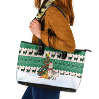 Llama Decorating Tree in Santa Hat Leather Tote Bag with Green Gift Pattern Design - Wonder Print Shop