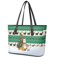 Llama Decorating Tree in Santa Hat Leather Tote Bag with Green Gift Pattern Design - Wonder Print Shop