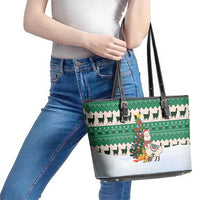 Llama Decorating Tree in Santa Hat Leather Tote Bag with Green Gift Pattern Design - Wonder Print Shop
