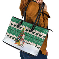 Llama Decorating Tree in Santa Hat Leather Tote Bag with Green Gift Pattern Design - Wonder Print Shop
