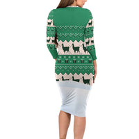 Llama Decorating Tree in Santa Hat Long Sleeve Bodycon Dress with Green Gift Pattern Design - Wonder Print Shop