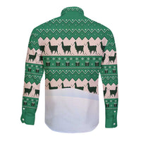 Llama Decorating Tree in Santa Hat Long Sleeve Button Shirt with Green Gift Pattern Design - Wonder Print Shop