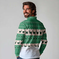 Llama Decorating Tree in Santa Hat Long Sleeve Polo Shirt with Green Gift Pattern Design - Wonder Print Shop