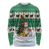 Llama Decorating Tree in Santa Hat Long Sleeve Shirt with Green Gift Pattern Design - Wonder Print Shop