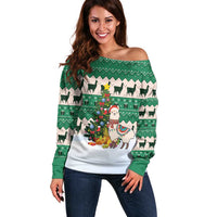 Llama Decorating Tree in Santa Hat Off Shoulder Sweater with Green Gift Pattern Design - Wonder Print Shop