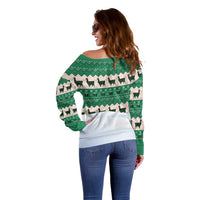 Llama Decorating Tree in Santa Hat Off Shoulder Sweater with Green Gift Pattern Design - Wonder Print Shop