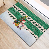 Llama Decorating Tree in Santa Hat Rubber Doormat with Green Gift Pattern Design - Wonder Print Shop