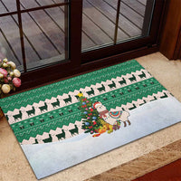 Llama Decorating Tree in Santa Hat Rubber Doormat with Green Gift Pattern Design - Wonder Print Shop