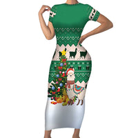 Llama Decorating Tree in Santa Hat Short Sleeve Bodycon Dress with Green Gift Pattern Design - Wonder Print Shop