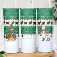 Llama Decorating Tree in Santa Hat Skinny Tumbler with Green Gift Pattern Design - Wonder Print Shop