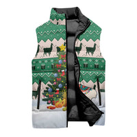 Llama Decorating Tree in Santa Hat Sleeveless Puffer Jacket with Green Gift Pattern Design - Wonder Print Shop