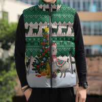 Llama Decorating Tree in Santa Hat Sleeveless Puffer Jacket with Green Gift Pattern Design - Wonder Print Shop