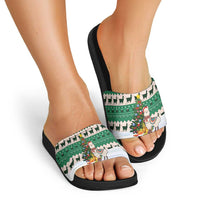 Llama Decorating Tree in Santa Hat Slide Sandals with Green Gift Pattern Design - Wonder Print Shop