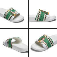 Llama Decorating Tree in Santa Hat Slide Sandals with Green Gift Pattern Design - Wonder Print Shop