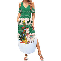 Llama Decorating Tree in Santa Hat Summer Maxi Dress with Green Gift Pattern Design - Wonder Print Shop