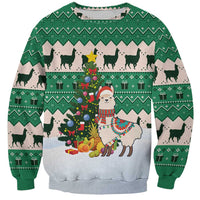 Llama Decorating Tree in Santa Hat Sweatshirt with Green Gift Pattern Design - Wonder Print Shop