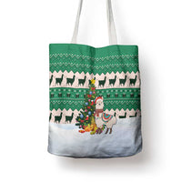 Llama Decorating Tree in Santa Hat Tote Bag with Green Gift Pattern Design - Wonder Print Shop