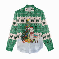 Llama Decorating Tree in Santa Hat Women Casual Shirt with Green Gift Pattern Design - Wonder Print Shop