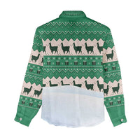 Llama Decorating Tree in Santa Hat Women Casual Shirt with Green Gift Pattern Design - Wonder Print Shop