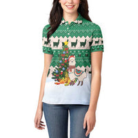 Llama Decorating Tree in Santa Hat Women Polo Shirt with Green Gift Pattern Design - Wonder Print Shop