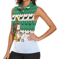 Llama Decorating Tree in Santa Hat Women Sleeveless Polo Shirt with Green Gift Pattern Design - Wonder Print Shop