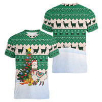 Llama Decorating Tree in Santa Hat Women V-Neck T-Shirt with Green Gift Pattern Design - Wonder Print Shop