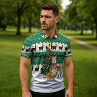 Llama Decorating Tree in Santa Hat Zipper Polo Shirt with Green Gift Pattern Design - Wonder Print Shop