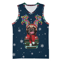 French Bulldog Reindeer Antlers Lights Basketball Jersey with Red Green Winter Pattern Design - Wonder Print Shop