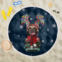 French Bulldog Reindeer Antlers Lights Beach Blanket with Red Green Winter Pattern Design - Wonder Print Shop
