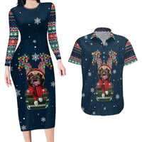 French Bulldog Reindeer Antlers Lights Couples Matching Long Sleeve Bodycon Dress and Hawaiian Shirt with Red Green Winter Pattern Design - Wonder Print Shop