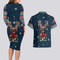 French Bulldog Reindeer Antlers Lights Couples Matching Long Sleeve Bodycon Dress and Hawaiian Shirt with Red Green Winter Pattern Design - Wonder Print Shop