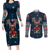 French Bulldog Reindeer Antlers Lights Couples Matching Long Sleeve Bodycon Dress and Long Sleeve Button Shirt with Red Green Winter Pattern Design - Wonder Print Shop