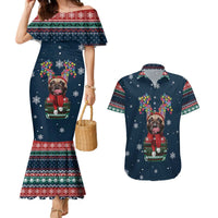 French Bulldog Reindeer Antlers Lights Couples Matching Mermaid Dress and Hawaiian Shirt with Red Green Winter Pattern Design - Wonder Print Shop