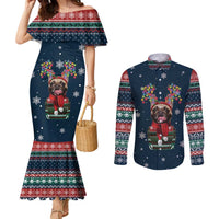 French Bulldog Reindeer Antlers Lights Couples Matching Mermaid Dress and Long Sleeve Button Shirt with Red Green Winter Pattern Design - Wonder Print Shop