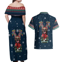 French Bulldog Reindeer Antlers Lights Couples Matching Off Shoulder Maxi Dress and Hawaiian Shirt with Red Green Winter Pattern Design - Wonder Print Shop