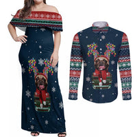 French Bulldog Reindeer Antlers Lights Couples Matching Off Shoulder Maxi Dress and Long Sleeve Button Shirt with Red Green Winter Pattern Design - Wonder Print Shop