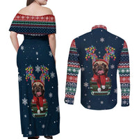French Bulldog Reindeer Antlers Lights Couples Matching Off Shoulder Maxi Dress and Long Sleeve Button Shirt with Red Green Winter Pattern Design - Wonder Print Shop
