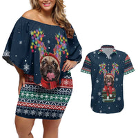 French Bulldog Reindeer Antlers Lights Couples Matching Off Shoulder Short Dress and Hawaiian Shirt with Red Green Winter Pattern Design - Wonder Print Shop