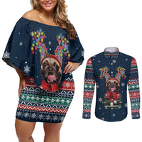 French Bulldog Reindeer Antlers Lights Couples Matching Off Shoulder Short Dress and Long Sleeve Button Shirt with Red Green Winter Pattern Design - Wonder Print Shop