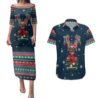 French Bulldog Reindeer Antlers Lights Couples Matching Puletasi and Hawaiian Shirt with Red Green Winter Pattern Design - Wonder Print Shop