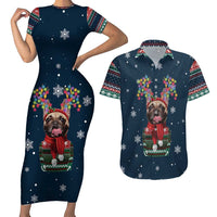 French Bulldog Reindeer Antlers Lights Couples Matching Short Sleeve Bodycon Dress and Hawaiian Shirt with Red Green Winter Pattern Design - Wonder Print Shop