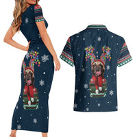 French Bulldog Reindeer Antlers Lights Couples Matching Short Sleeve Bodycon Dress and Hawaiian Shirt with Red Green Winter Pattern Design - Wonder Print Shop